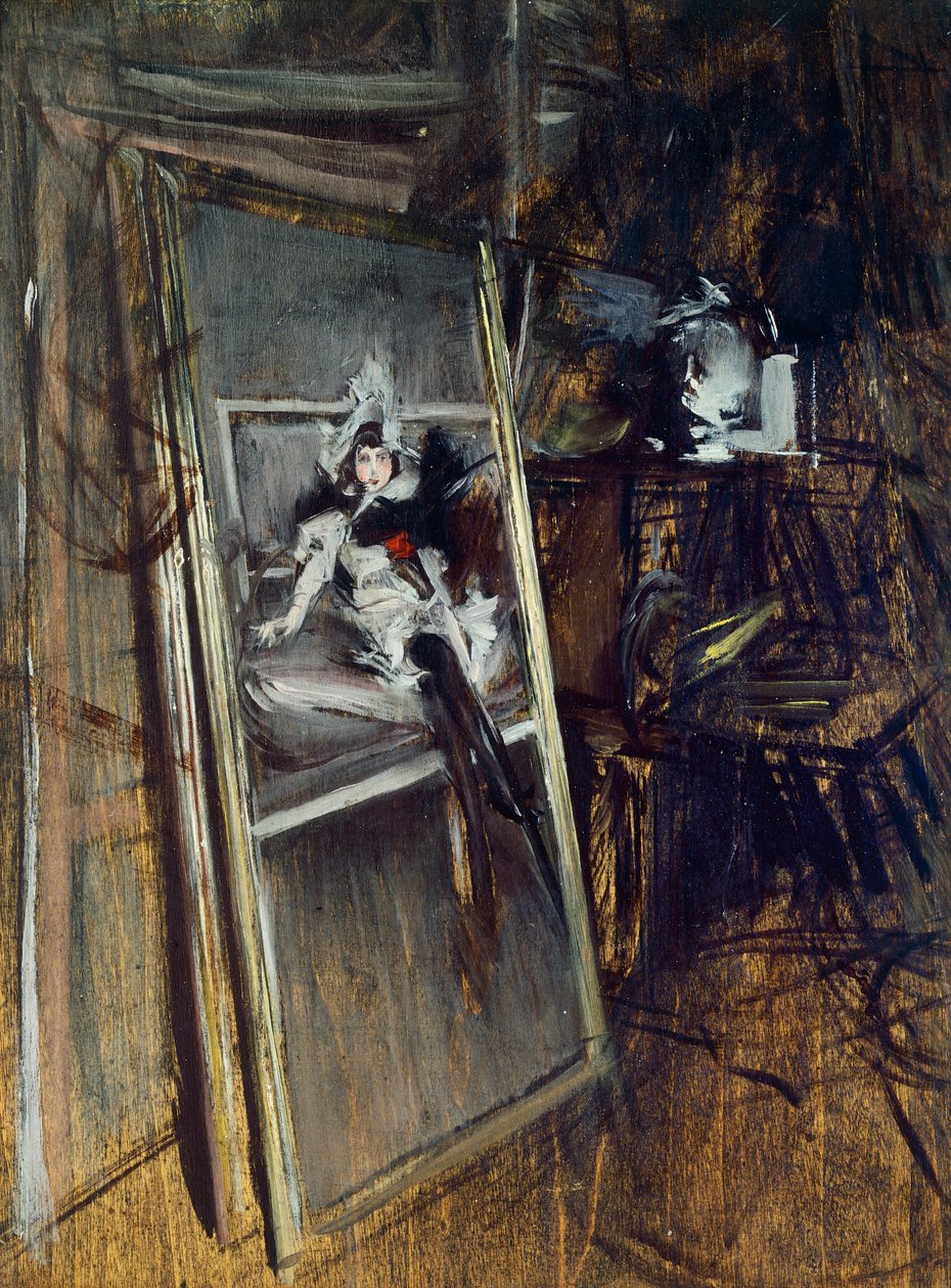 Inuti målares ateljé med målning Young Girl, Errazuriz, av Giovanni Boldini (1842-1931) av Giovanni Boldini