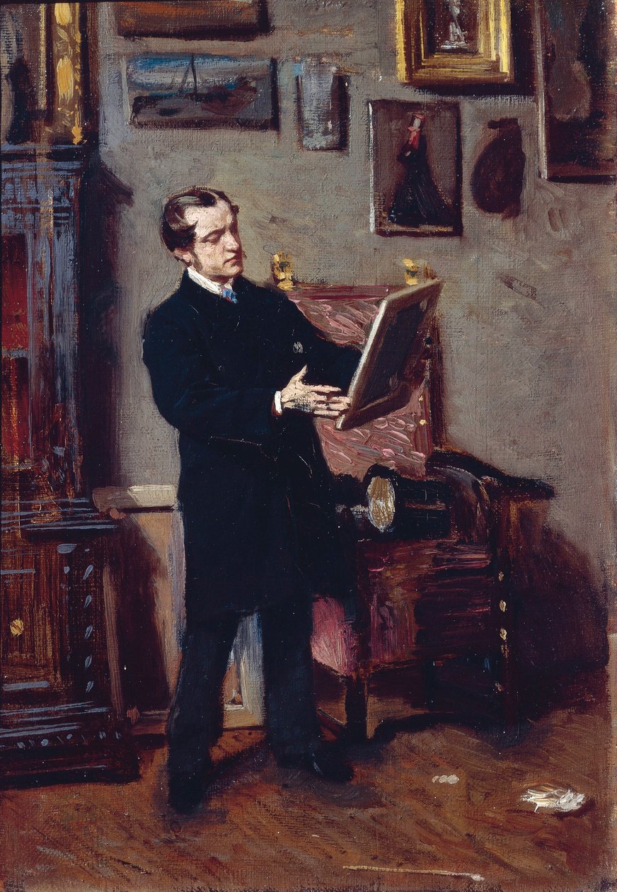 Italien, Florens, ung man tittar på målning av Giovanni Boldini