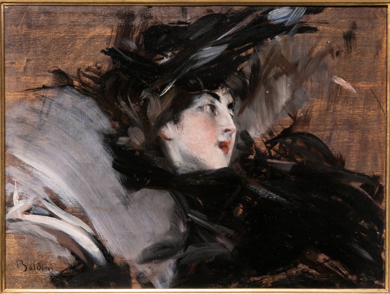 Dam som bär en motorhuv av Giovanni Boldini