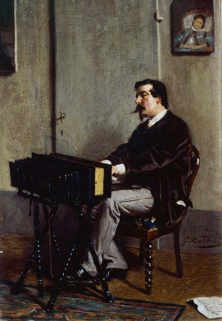 Målare Cristiano Banti at harmonium av Giovanni Boldini (1842-1931), olja på duk, 28x19 cm av Giovanni Boldini