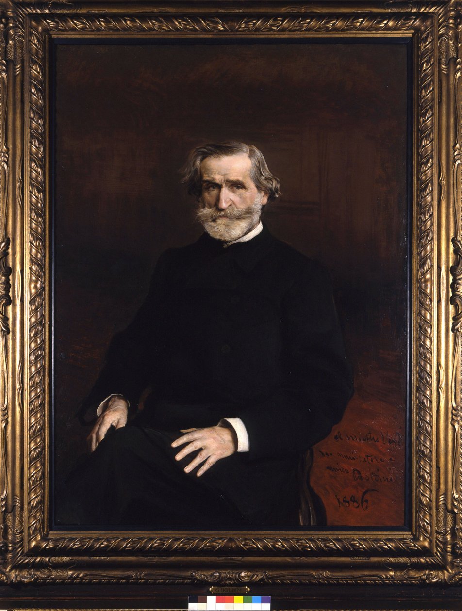 Porträtt av Giuseppe Verdi (1813 - 1901), italiensk kompositör av Giuseppe Boldini. Äldreboende för musikerna G. Verdi av Giovanni Boldini