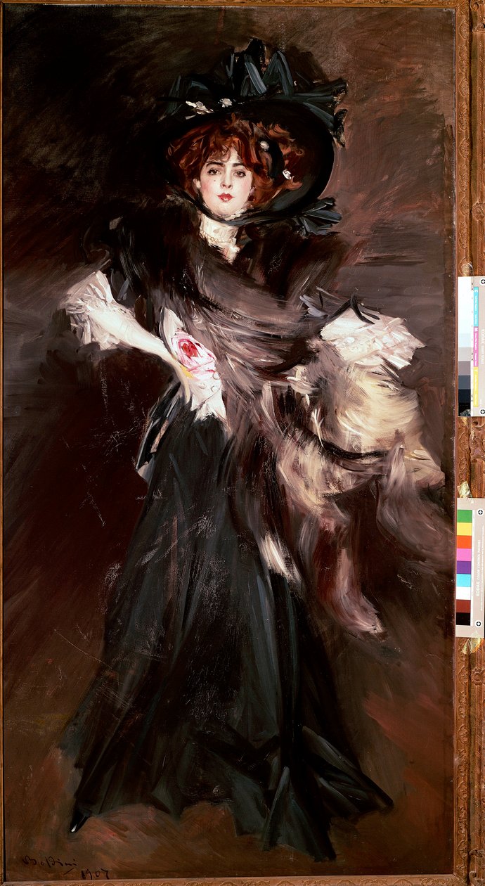 Porträtt av Mademoiselle Lantelme Ung kvinna klär sig i svart mode Belle Epoque. Målning av Giovanni Boldini (1842-1931) 1907 sön 227x118 cm Rom, National Gallery of Modern Art av Giovanni Boldini