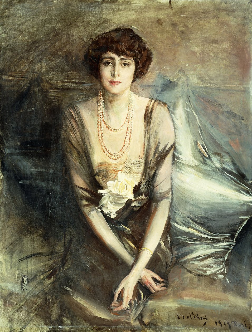Porträtt av fru George McFadden sittande, trekvartslängd, 1919 av Giovanni Boldini
