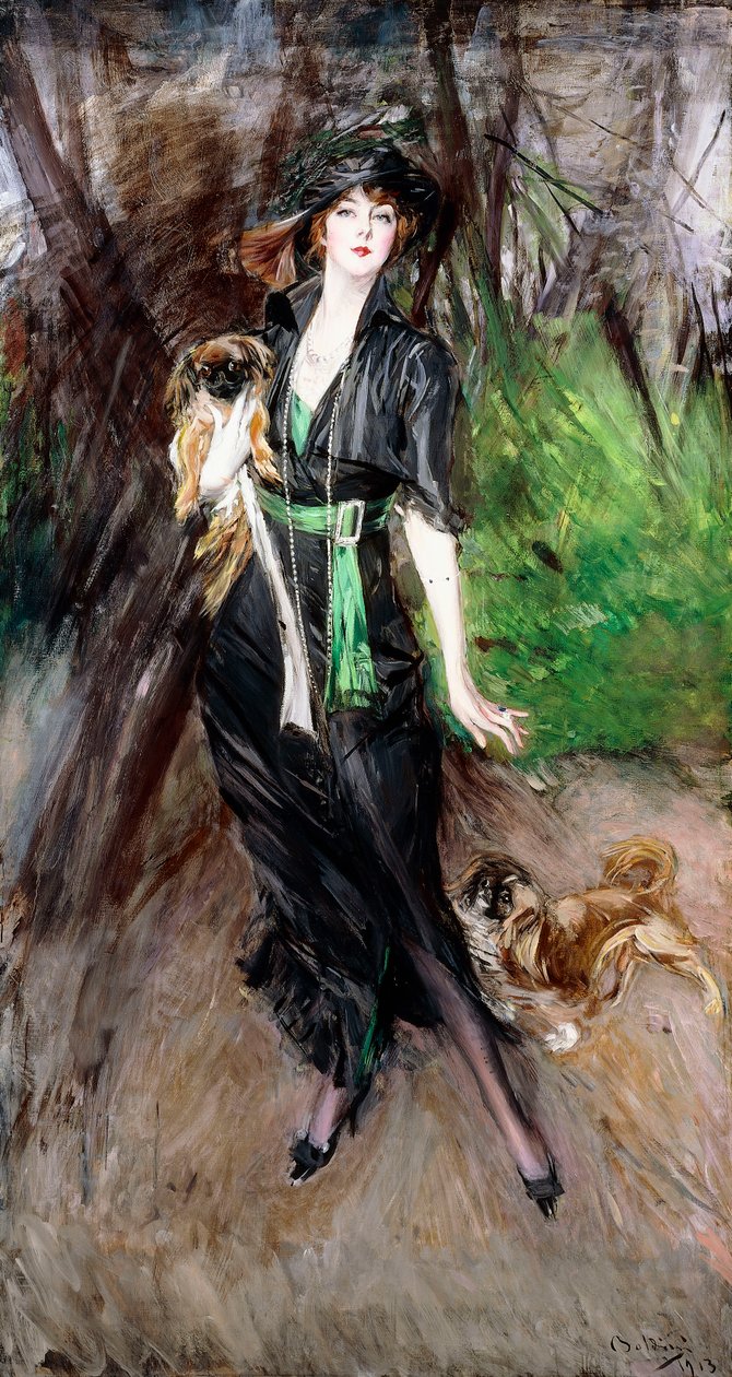Porträtt av en dam, Lina Bilitis, med två pekineser, 1913 av Giovanni Boldini