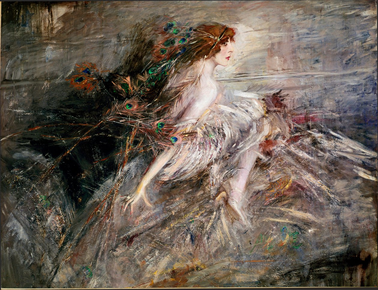 Porträtt av Marquise Casati med påfågelfjädrar målning av Giovanni Boldini av Giovanni Boldini