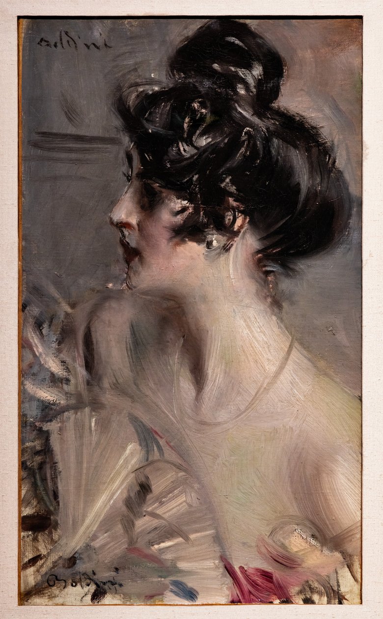 Profil av en ung brunett med hennes hår i en bulle av Giovanni Boldini