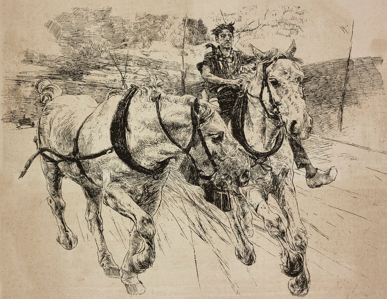 Förstärkningsvagnshästar, gravyr från originalteckning av Giovanni Boldini, från hans målning, från L