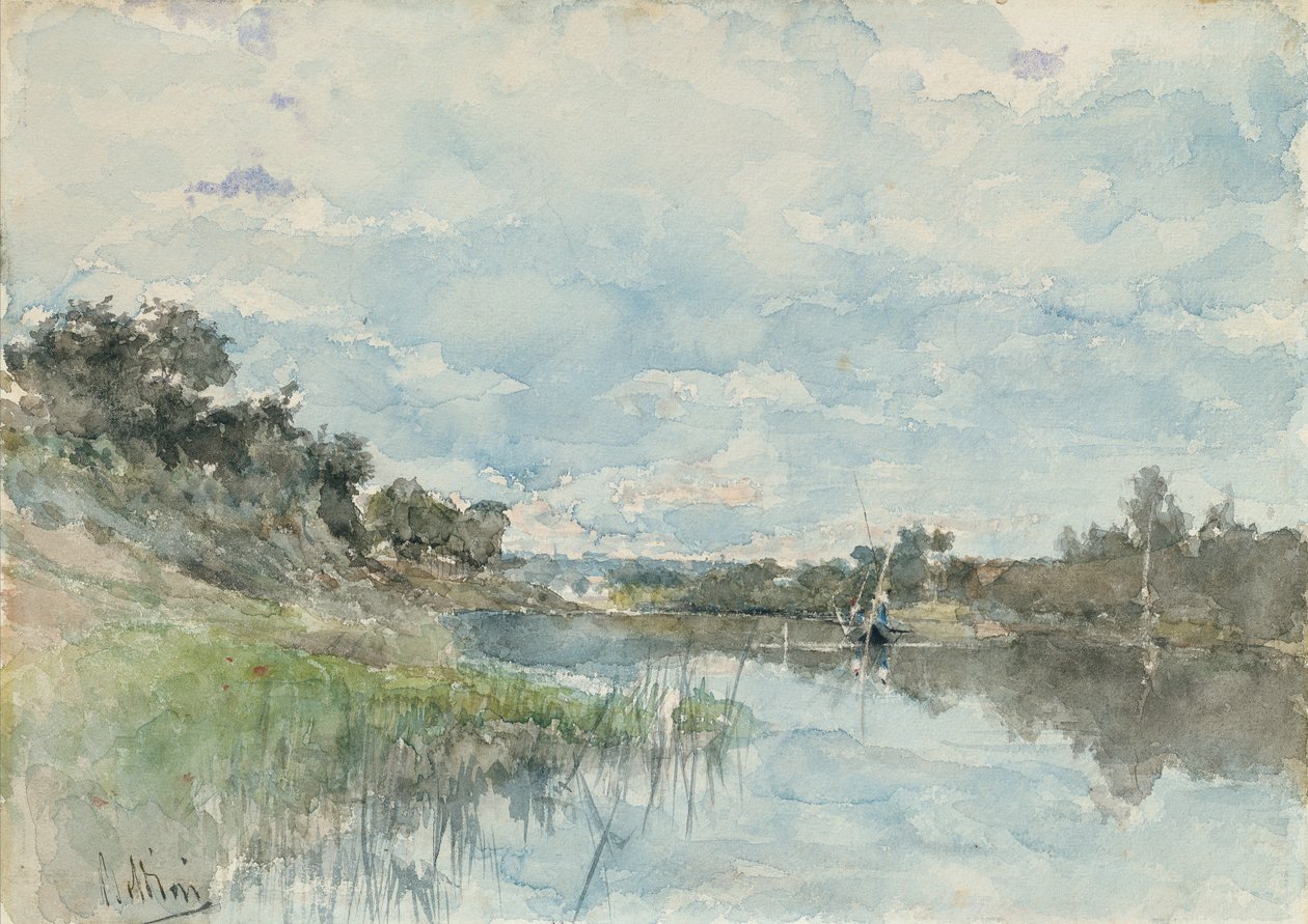 Flodlandskap med en fiskebåt (akvarell) av Giovanni Boldini