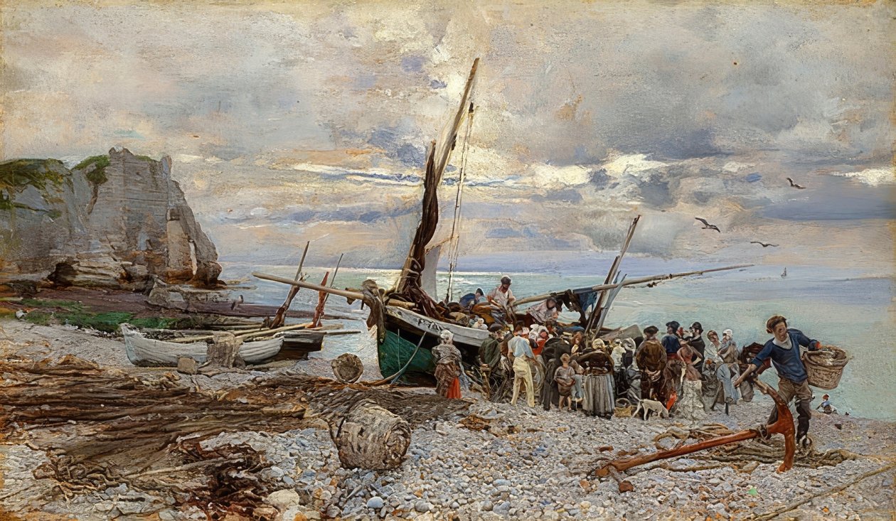 Återlämnande av fiskebåtarna, Étretat. 1879 av Giovanni Boldini