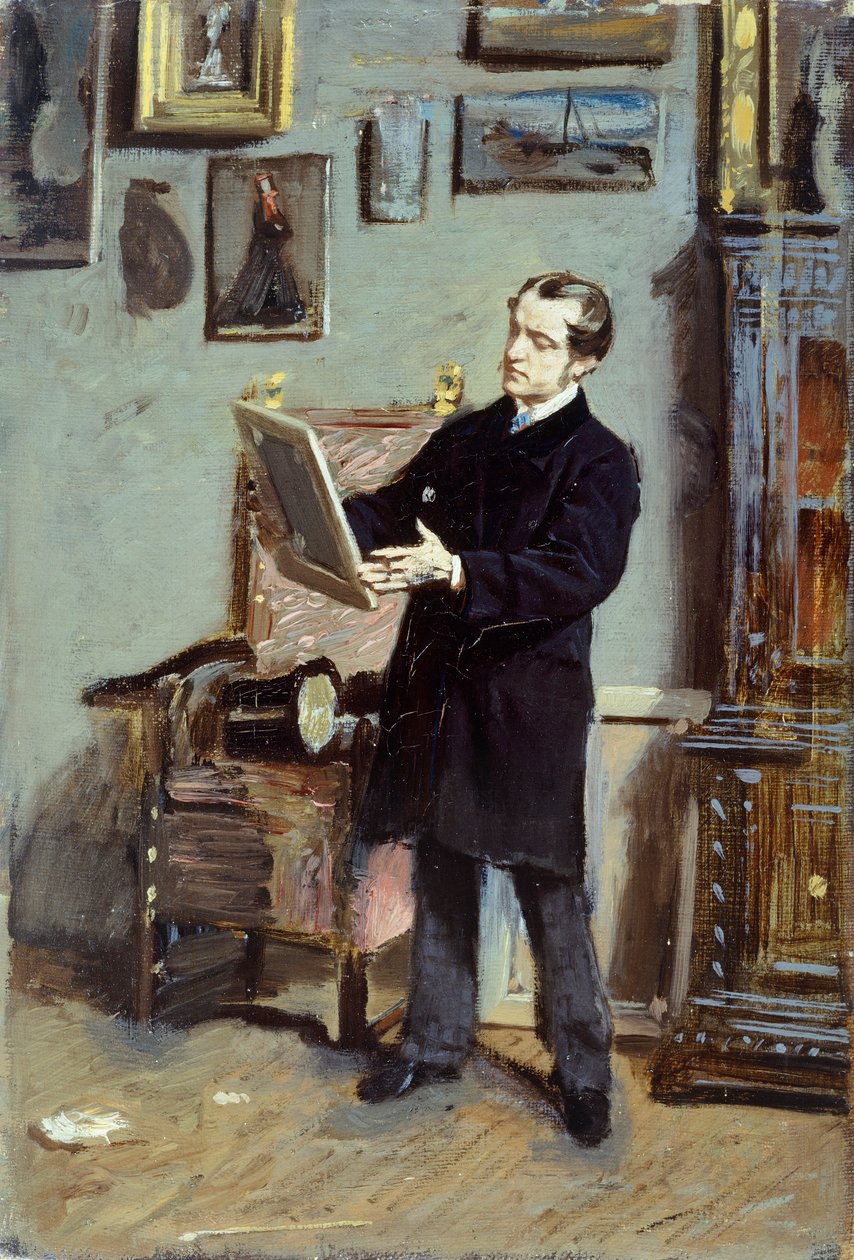 Självporträtt av Giovanni Boldini tittar på en bild, ca 1865, av Giovanni Boldini (1842-1931), olja på duk, 32x22,5 cm. av Giovanni Boldini