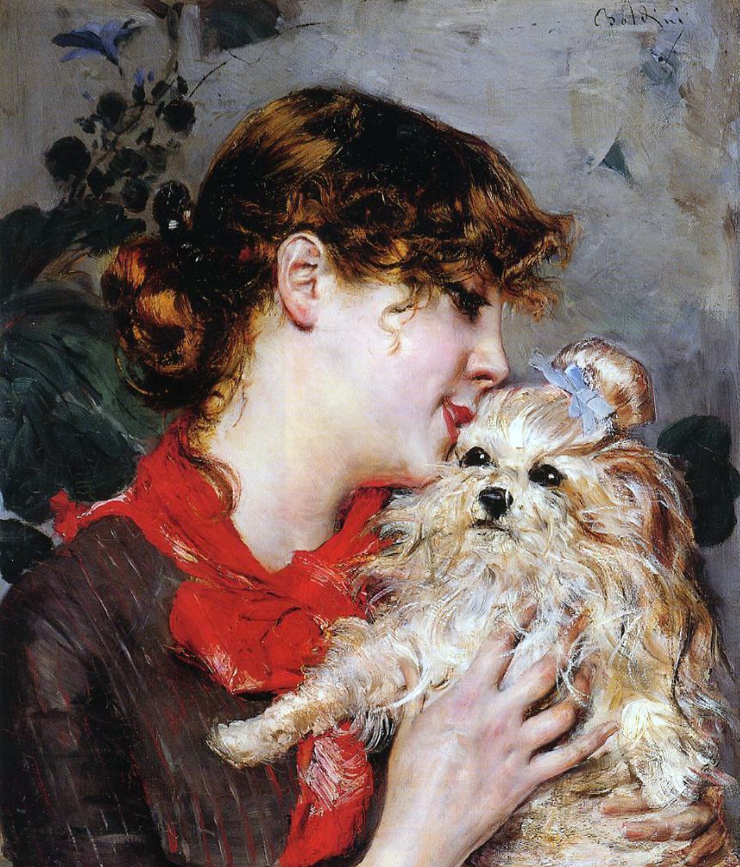 Skådespelerskan Rejane och hennes hund, ca 1885 (olja på panel) av Giovanni Boldini
