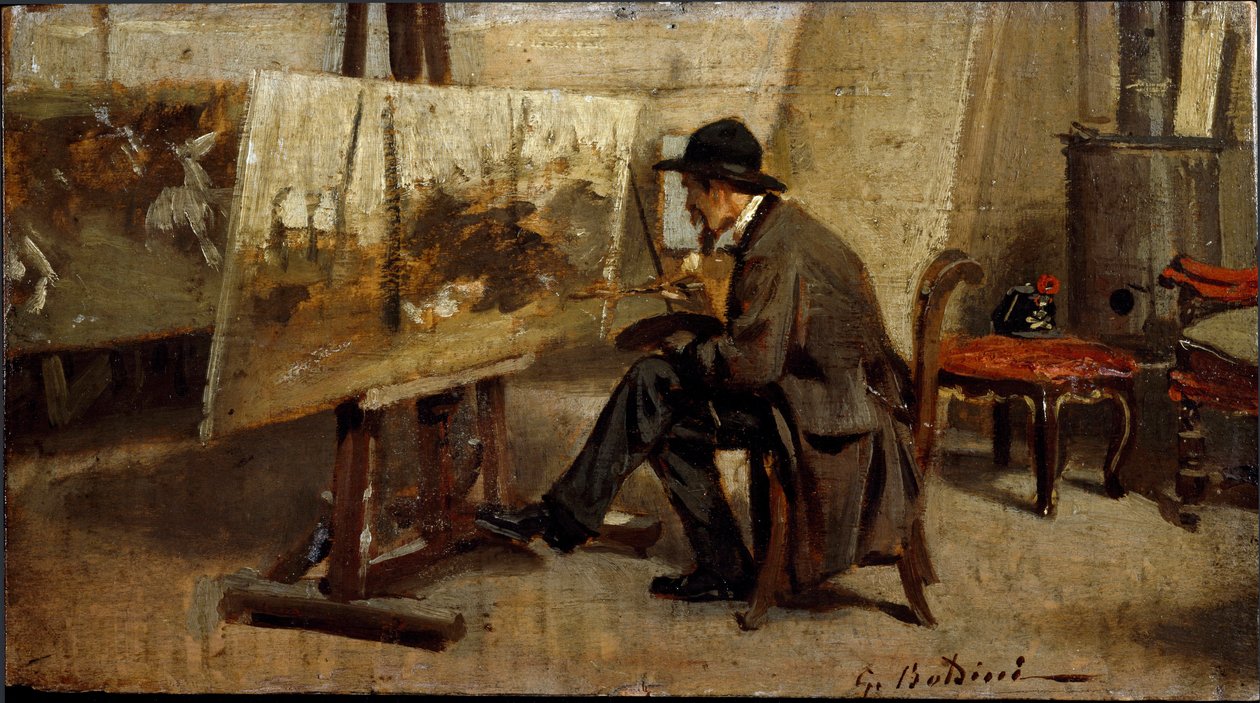 Målaren Giovanni Fattori i sin verkstad Målning tillskriven Giovanni Boldini (1842-1931) 1863-1869 Sön. 13x24 cm Milan privat samling av Giovanni Boldini