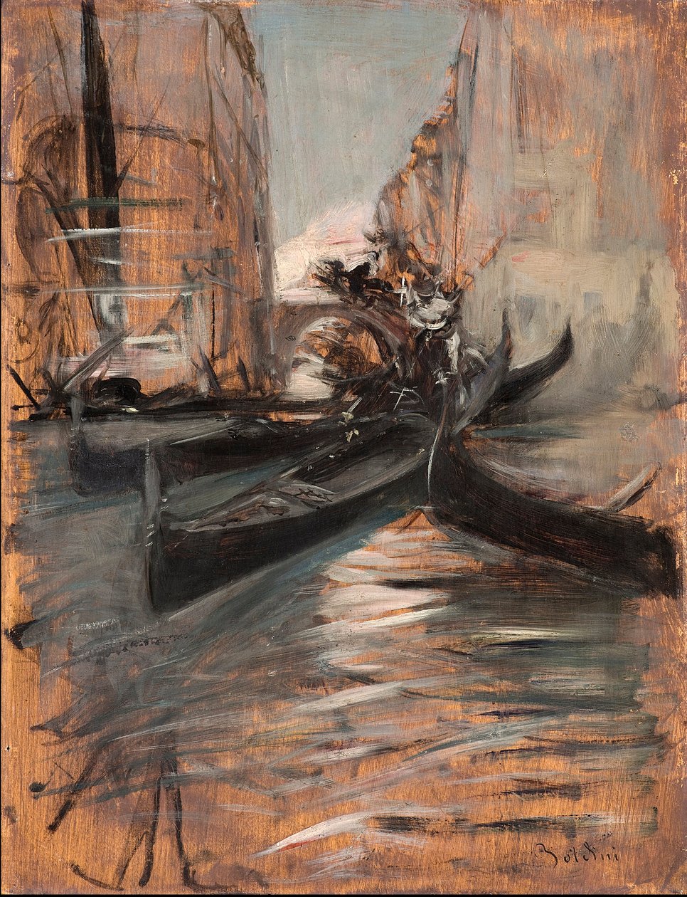 Vy över en kanal i Venedig med gondoler (Venetiansk kanal och gondoler) Målning av Giovanni Boldini (1842-1931) 1910-1914 Privatsamling av Giovanni Boldini