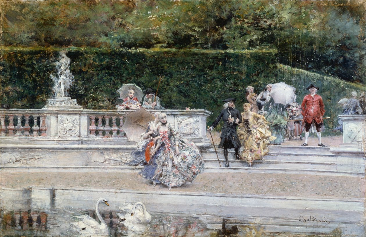 Utsikt över Versailles trädgård med människor klädda i artonhundratalets kläder, av Giovanni Boldini (1842-1931), olja på panel av Giovanni Boldini