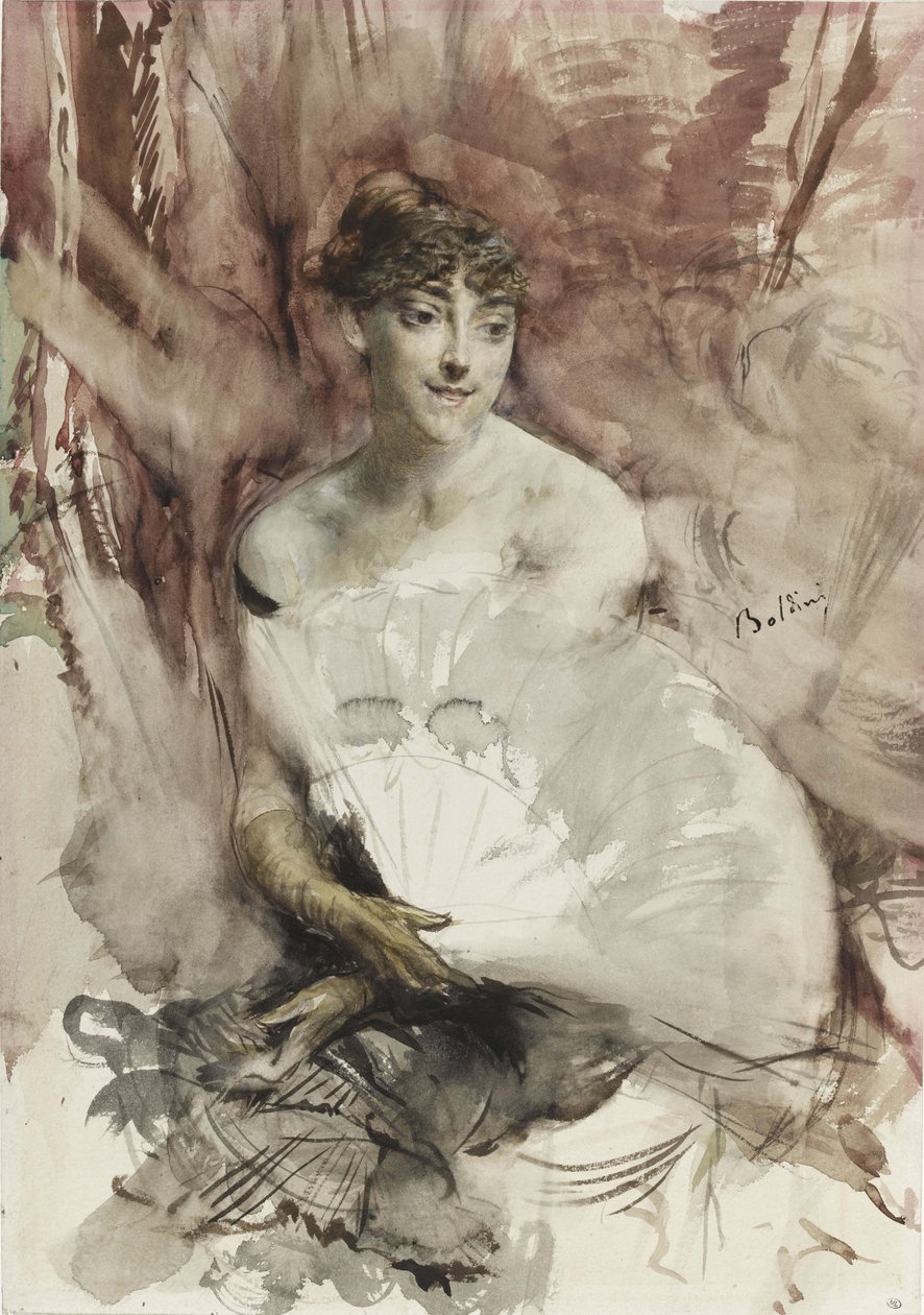 Kvinna med fläkt i en teaterlåda grevinnan av Rasti, ca 1878 av Giovanni Boldini