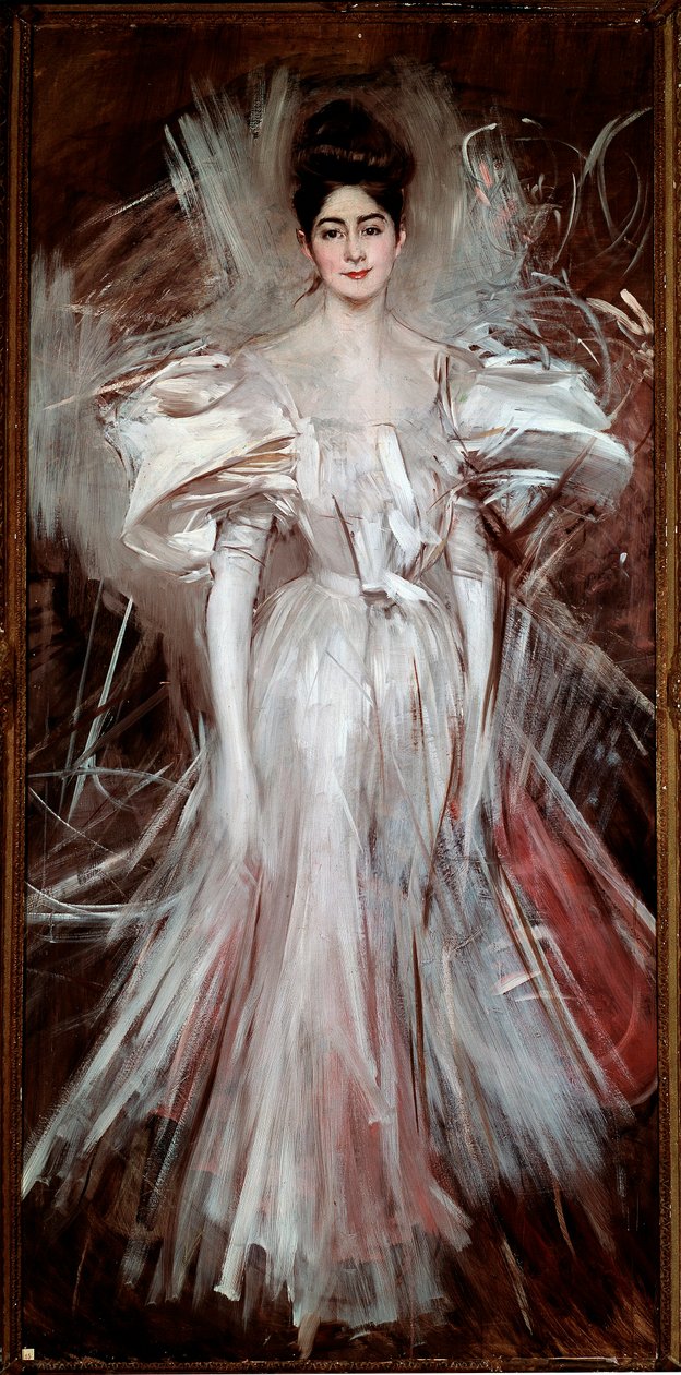 Ung kvinna dränkt i vit satin (Fyrverkerier) Målning av Giovanni Boldini (1842-1931) 1892 Dim. 200x101 cm Pistoia, Boldini samling av Giovanni Boldini
