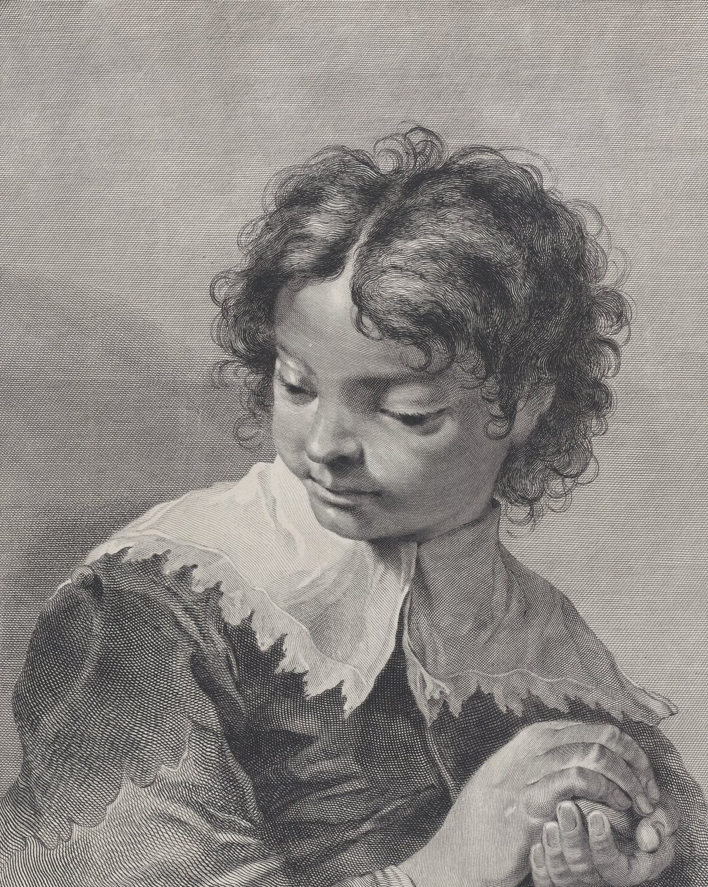 Pojke med spetskrage som håller en fruktbit i händerna, 1743. av Giovanni Cattini