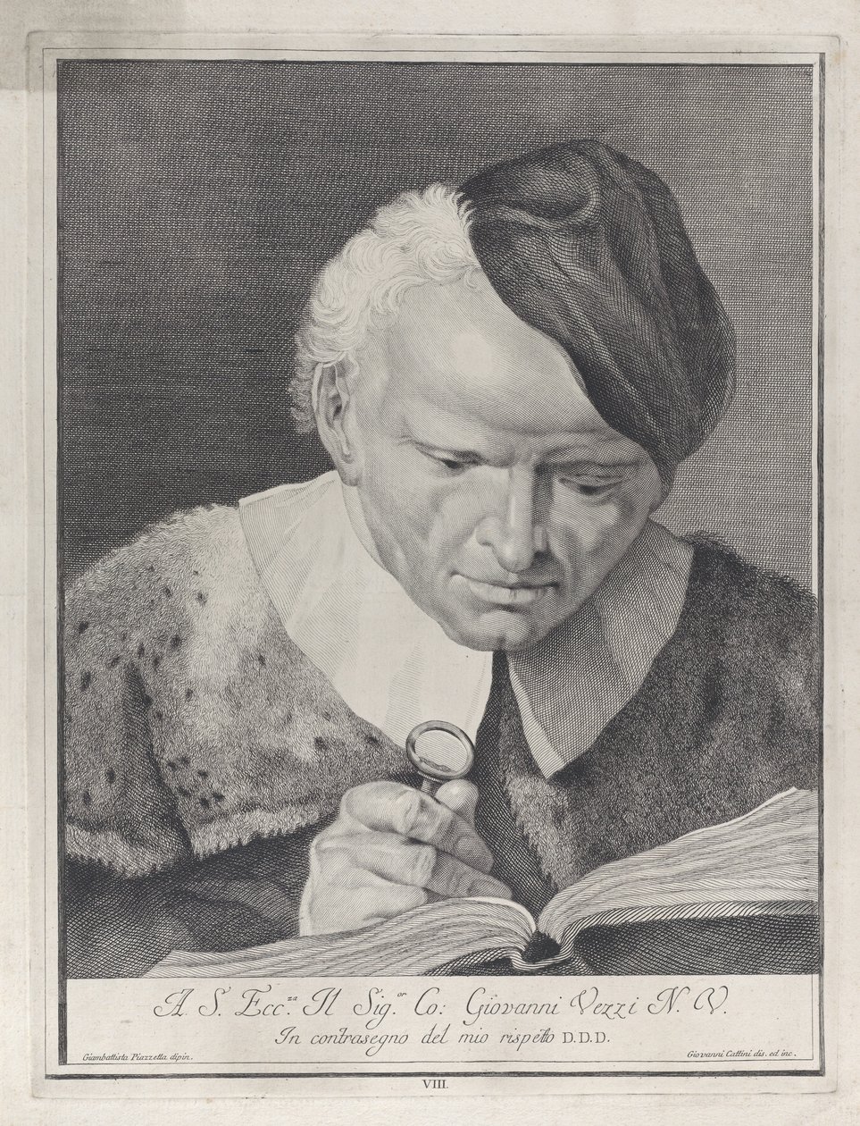 Man i hatt läser en bok med förstoringsglas, 1743. av Giovanni Cattini