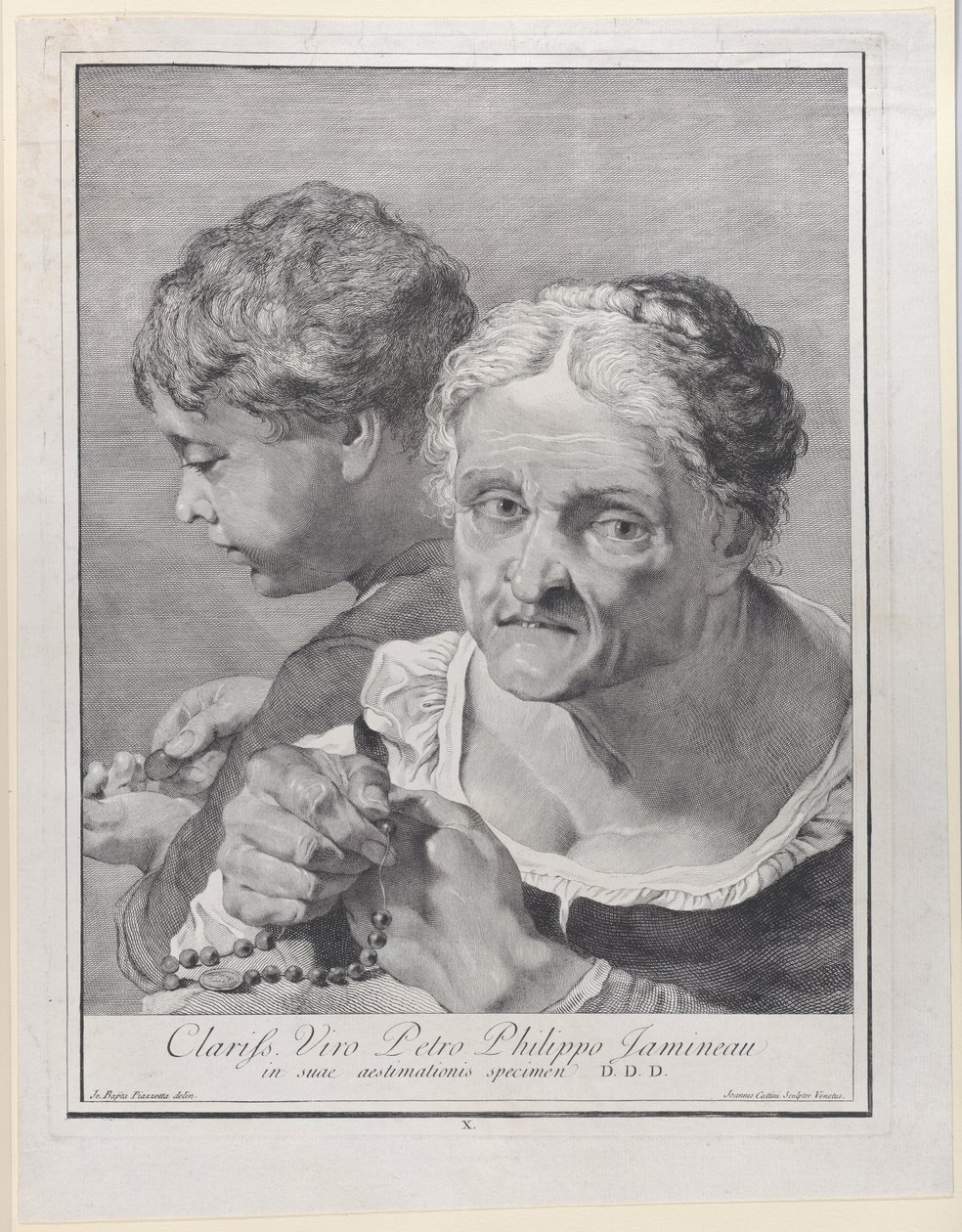 Gammal kvinna med ett radband och en pojke som räknar mynt, 1743. av Giovanni Cattini