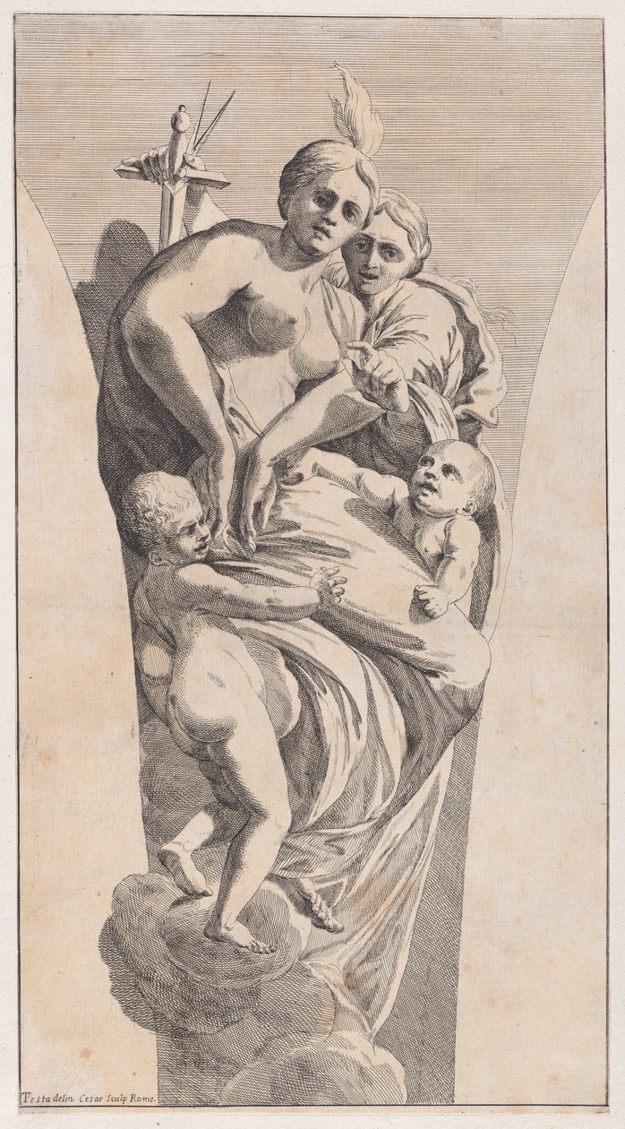 Studera för en pendentiv föreställande rättvisa och välgörenhet, 1630-50. av Giovanni Cesare Testa