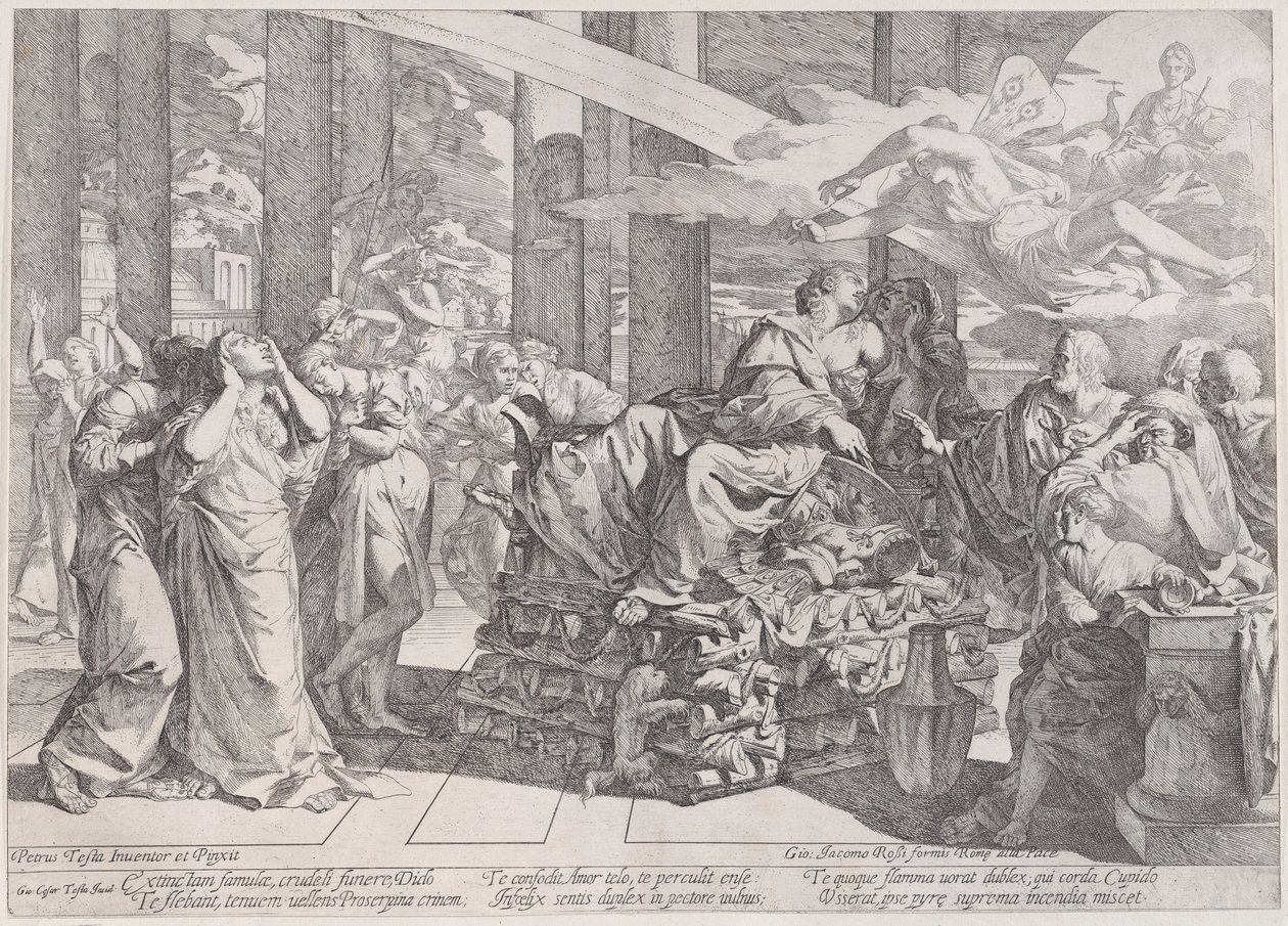 Didos självmord som vilar på ett bål i centrum, omgiven av många figurer, 1650-55. av Giovanni Cesare Testa