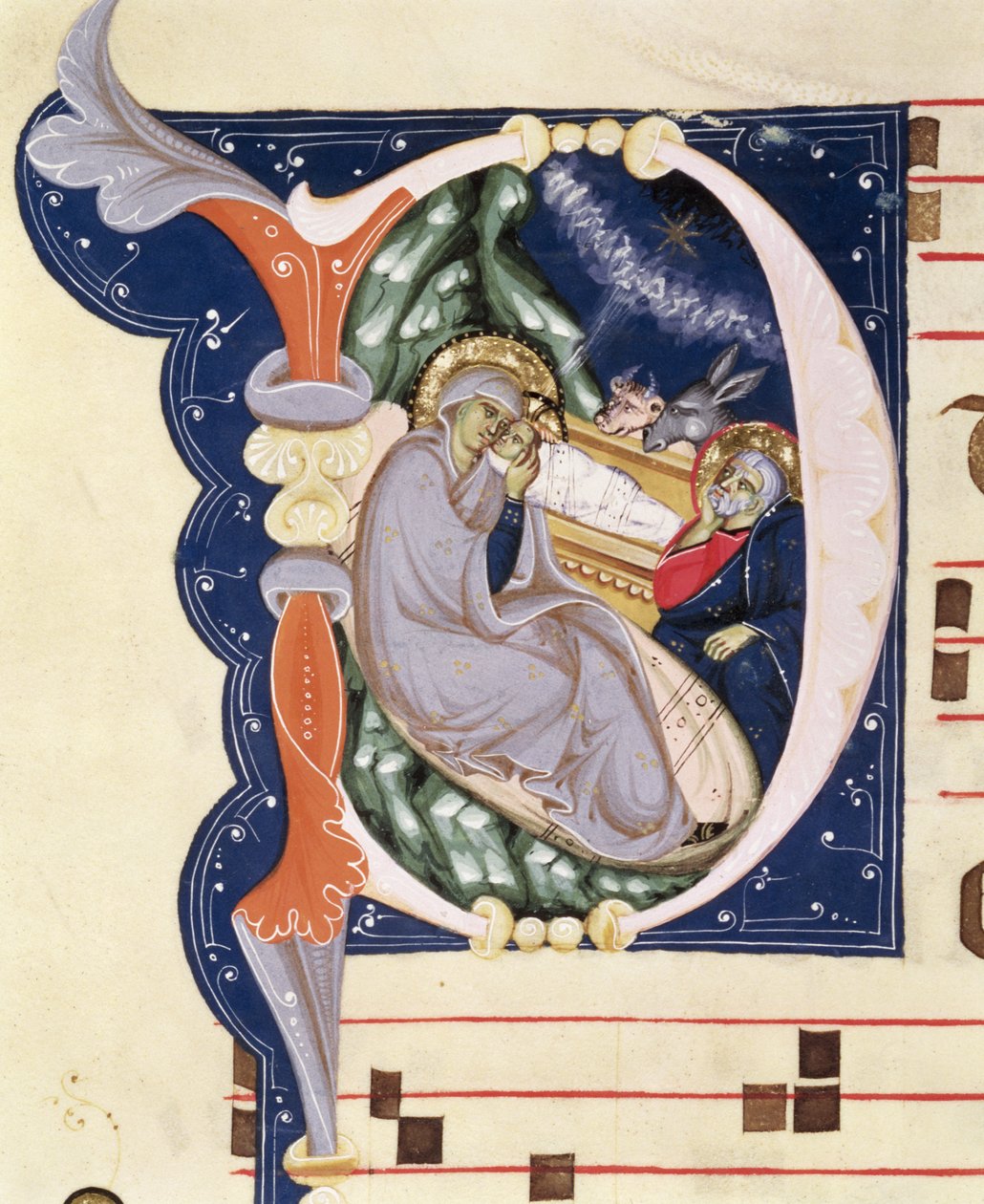 Ms 561 f.31v Historikert initial "D" som skildrar födseln, från en gradual från klostret San Jacopo di Ripoli, tidigt 1300-tal av Giovanni Cimabue