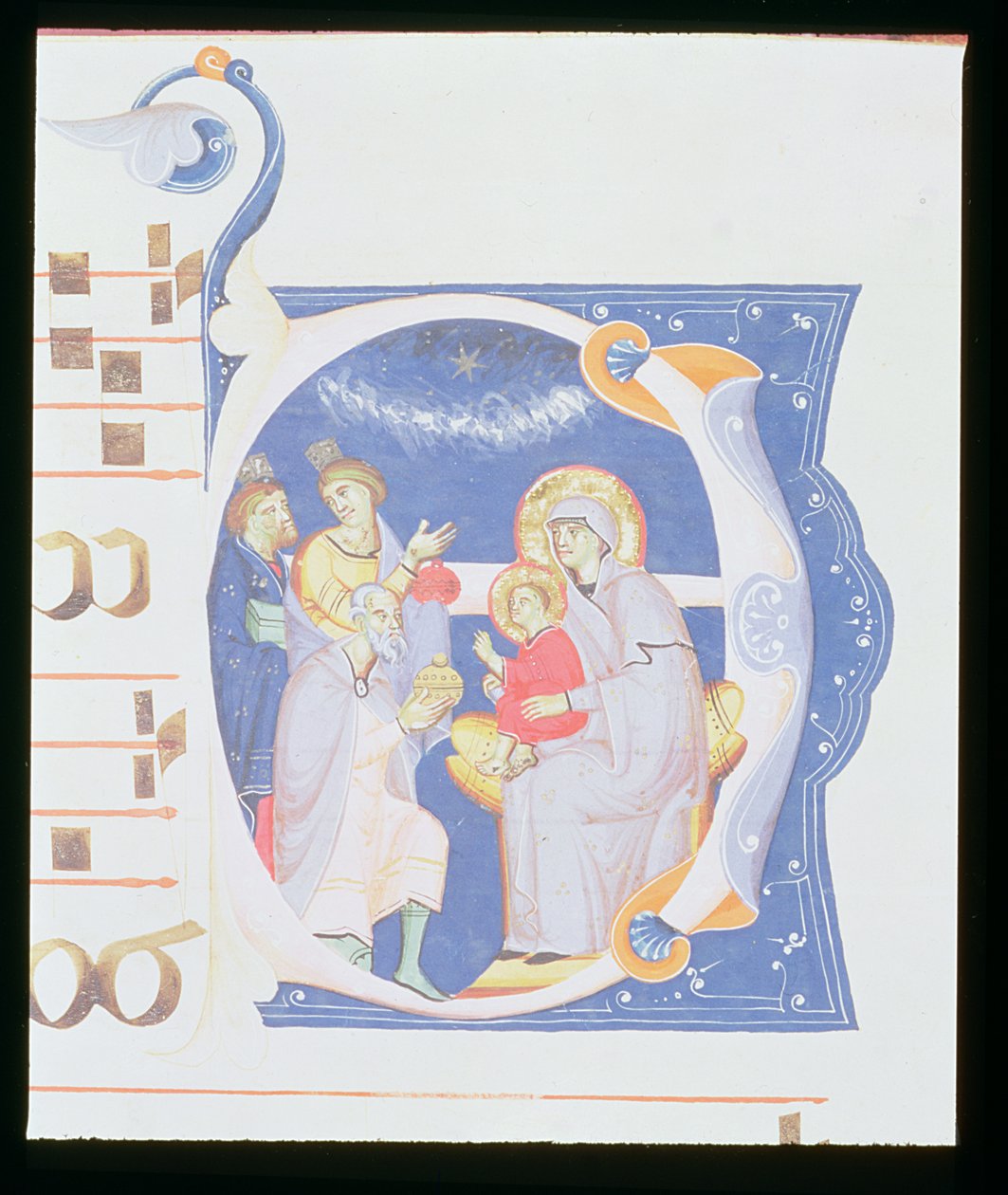 Ms 561 f.37r Historikert initial "O" som skildrar tillbedjan av männen, från en gradual från klostret San Jacopo di Ripoli, tidigt 1300-tal av Giovanni Cimabue