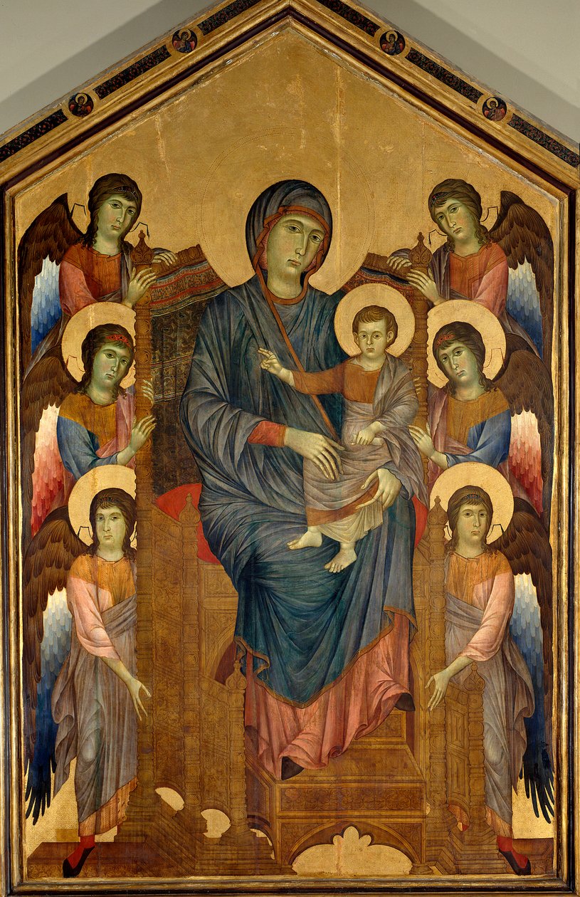 Jungfrun och barnet i majestätiskt omgiven av sex änglar. Målning av Gualtieri Giovanni dit Cimabue (cirka 1240-1302) av Giovanni Cimabue
