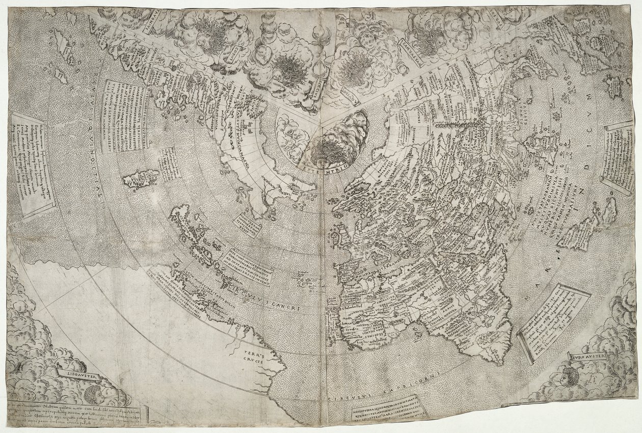 Världskarta, Mundu [sic] spericum...du kommer att känna till John Matthew Contarenis flit.., av Contarini, Giovanni och Francesco Rosselli av Giovanni Contarini