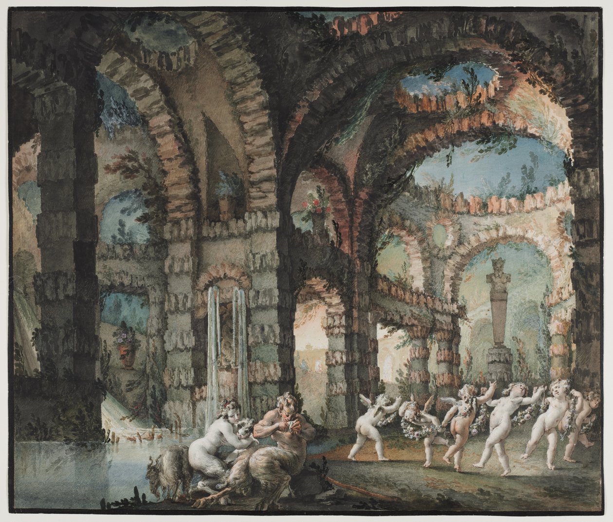 Satyrfamilj med dansande keruber, ca 1775-76 (akvarell och penselarbete med grafit och gouache) av Giovanni David