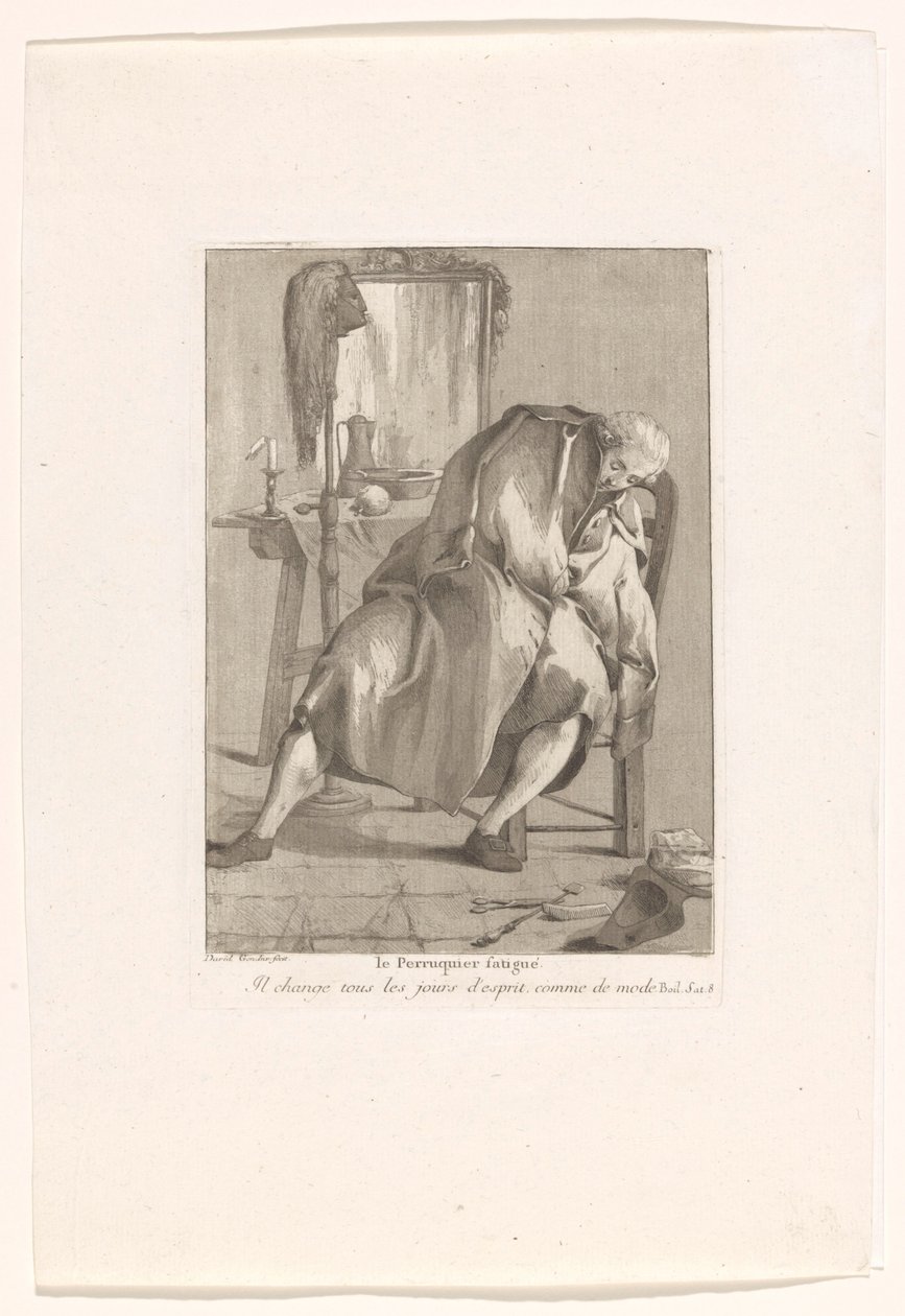 Den maskerade kaffedrickaren och Den trötta perukmakaren De vermoeide pruikenmaker Le Perruquier (titel på objekt) Divers Portraits (serietitel) av Giovanni David