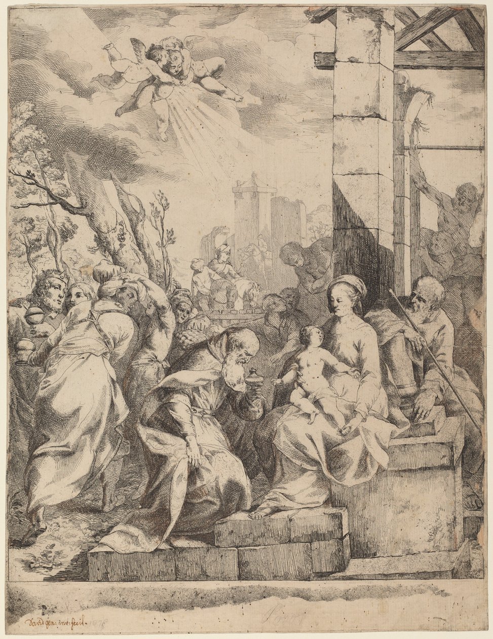 Tillbedjan av Magi av Giovanni David after Scarsellino