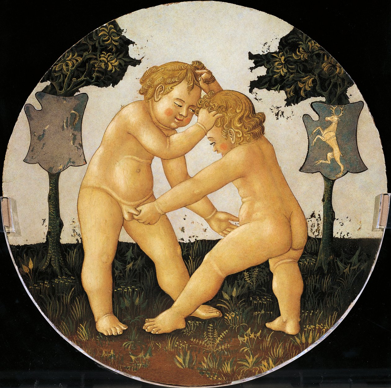 Putti spelar, detalj från baksidan av födelsebrickan (rund målning), cirka 1450, av Giovanni di Ser Giovanni, känd som Lo Scheggia (1406-1486), tempera på trä av Giovanni Di Ser Giovanni Lo Scheggia Guidi