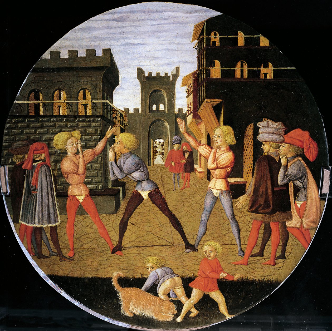 spel som heter civettino, detalj från framsidan av födelsebrickan (rund målning), cirka 1450, av Giovanni di Ser Giovanni, känd som Lo Scheggia (1406-1486), tempera på trä av Giovanni Di Ser Giovanni Lo Scheggia Guidi
