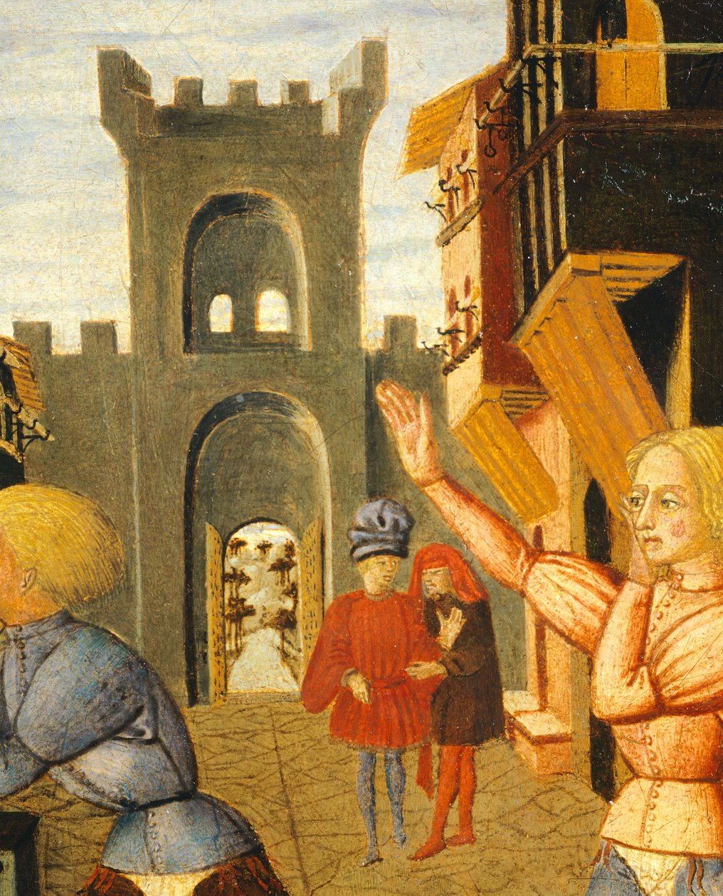 spel som heter civettino, detalj på höger sida av födelsebrickan (rund målning), cirka 1450, av Giovanni di Ser Giovanni, känd som Lo Scheggia (1406-1486), tempera på panel av Giovanni Di Ser Giovanni Lo Scheggia Guidi