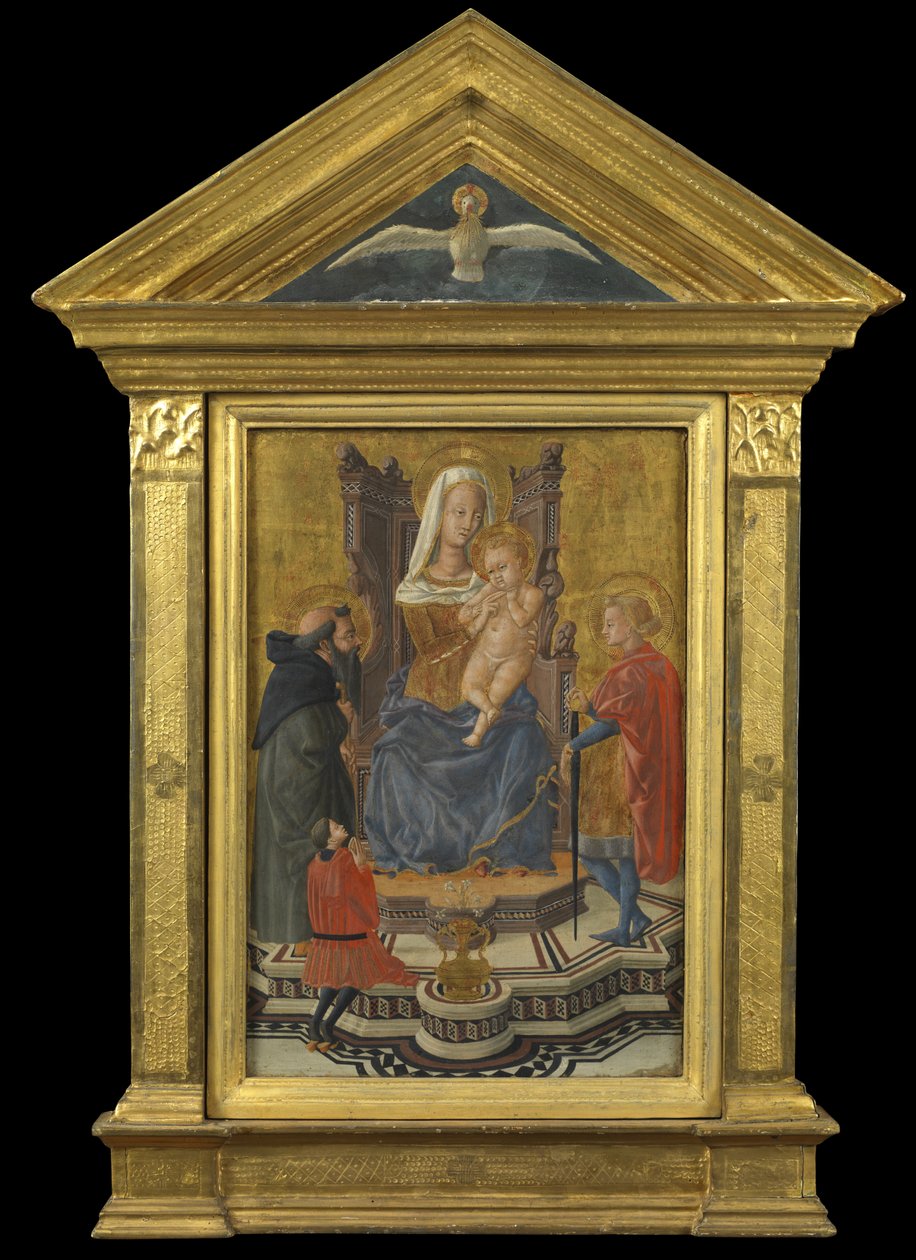 Virgin and Child Enthroned, with Saints Anthony Abbot and Julian and a Donor (pediment ovan - Holy Spirit), ca 1430 (tempera på panel) av Giovanni Di Ser Giovanni Lo Sheggia (attr. to) Guidi