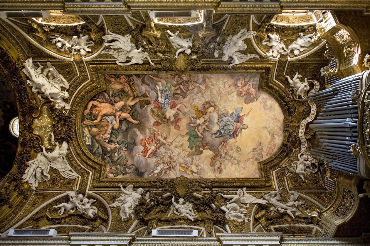 Valv av kyrkan Santa Maria della Vittoria i Rom, fresk som skildrar Jungfru Marias seger över kätteri, de rebelliska änglarnas fall, utfört 1675 av Giovanni Domenico Cerrini (1609-1681), Konstruktion av 1600-talet, italienska re av Giovanni Domenico Cerrini