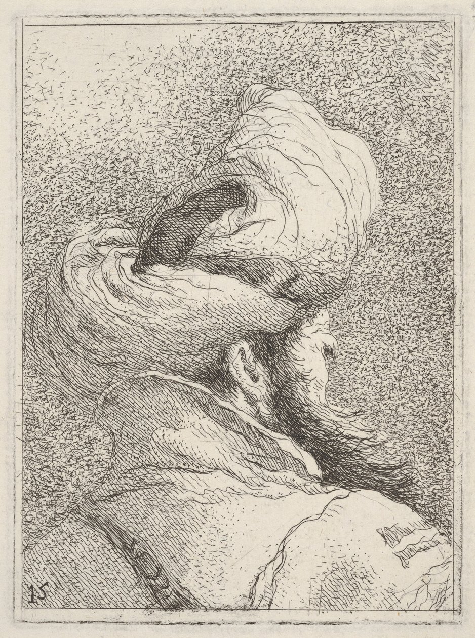 Skäggig man med turban, avbildad som bröstbild bakifrån i trekvartsprofil, ur "Samling av huvuden" (Raccolta di teste) av Giovanni Domenico Tiepolo