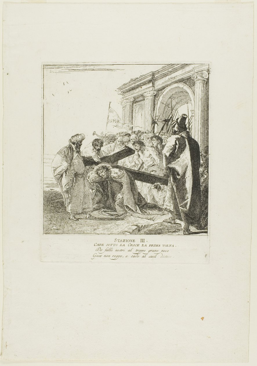 Kristus faller under korset för första gången, plansch tre från Korsvägsstationen av Giovanni Domenico Tiepolo