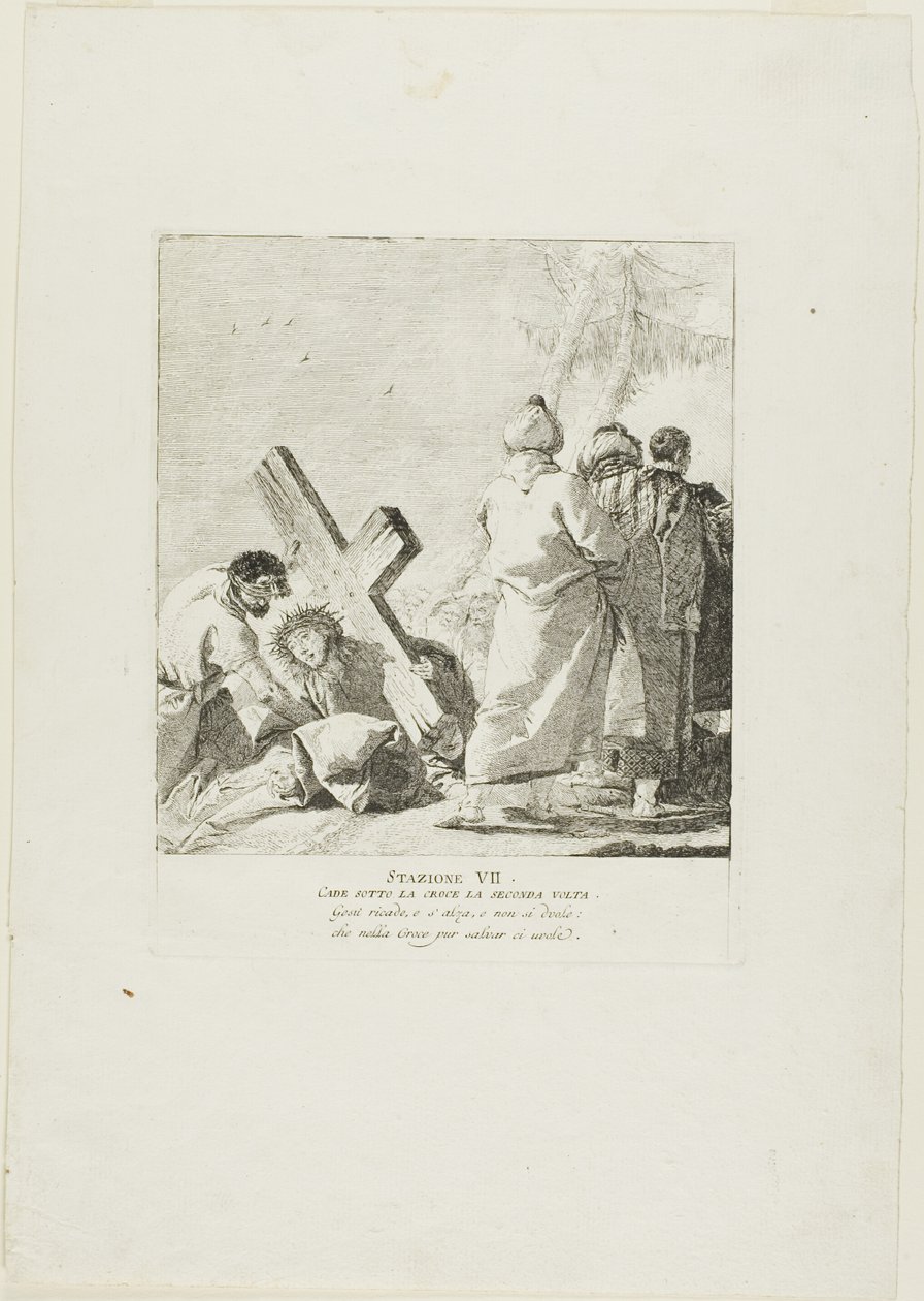 Kristus faller under korset för andra gången, plansch sju från Korsvägsstationen av Giovanni Domenico Tiepolo
