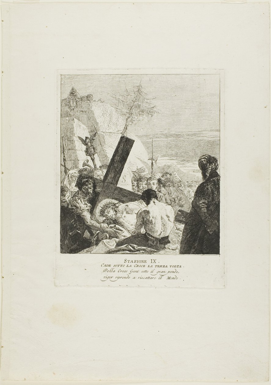 Kristus faller under korset för tredje gången, plansch nio från Korsvägsstationen av Giovanni Domenico Tiepolo