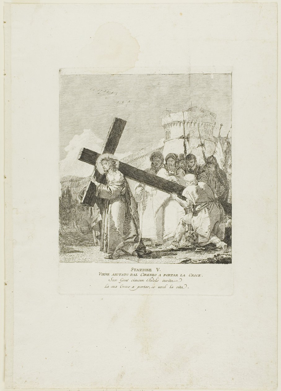 Kristus får hjälp av Simon av Kyrene, plansch fem från Korsvägsstationen av Giovanni Domenico Tiepolo