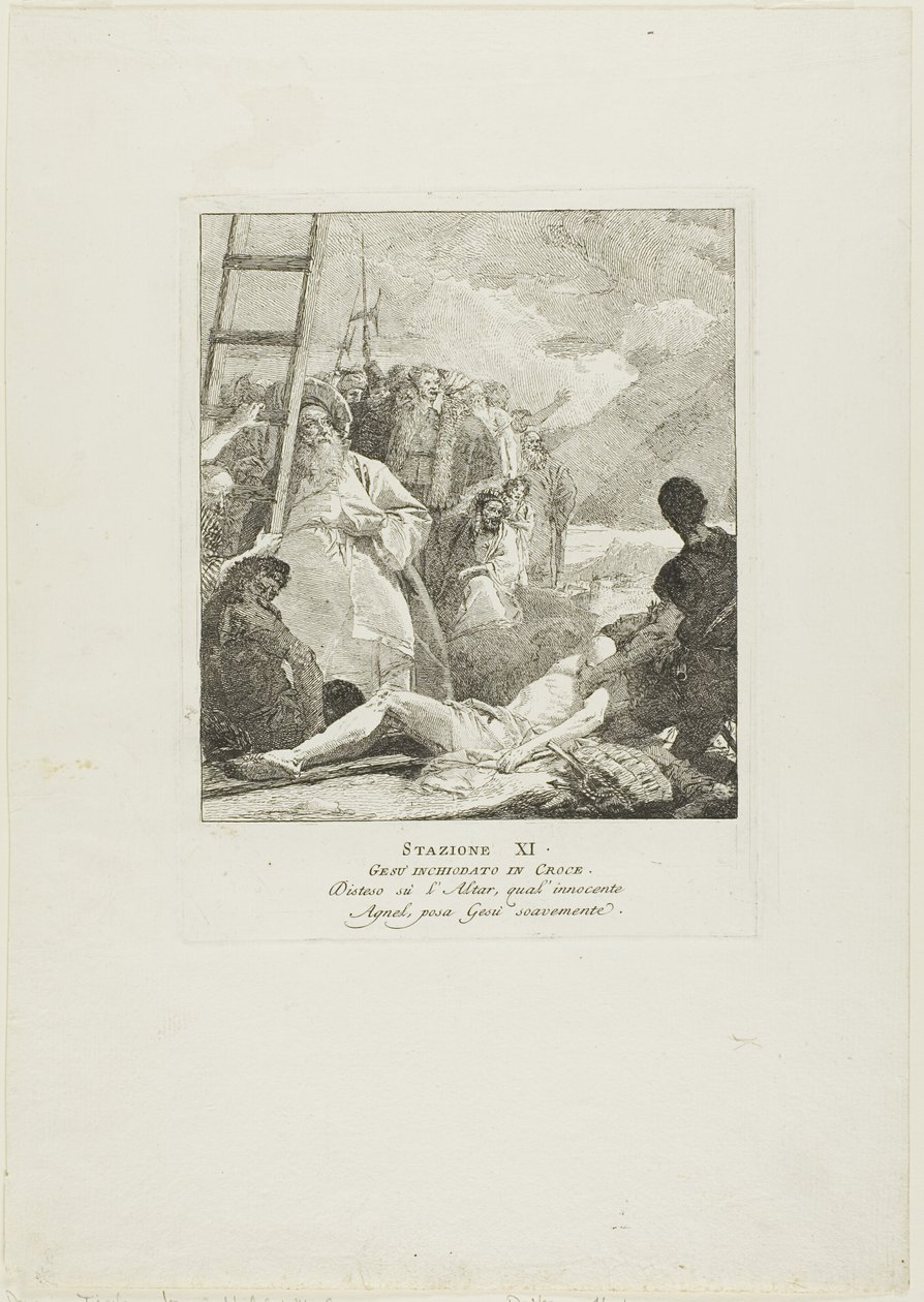 Kristus är fastspikad på korset, plansch elva från Korsvägsstationen av Giovanni Domenico Tiepolo