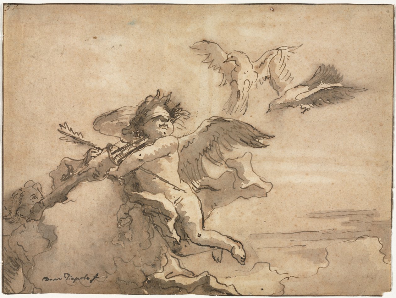 Amor med ögonbindel och två duvor av Giovanni Domenico Tiepolo