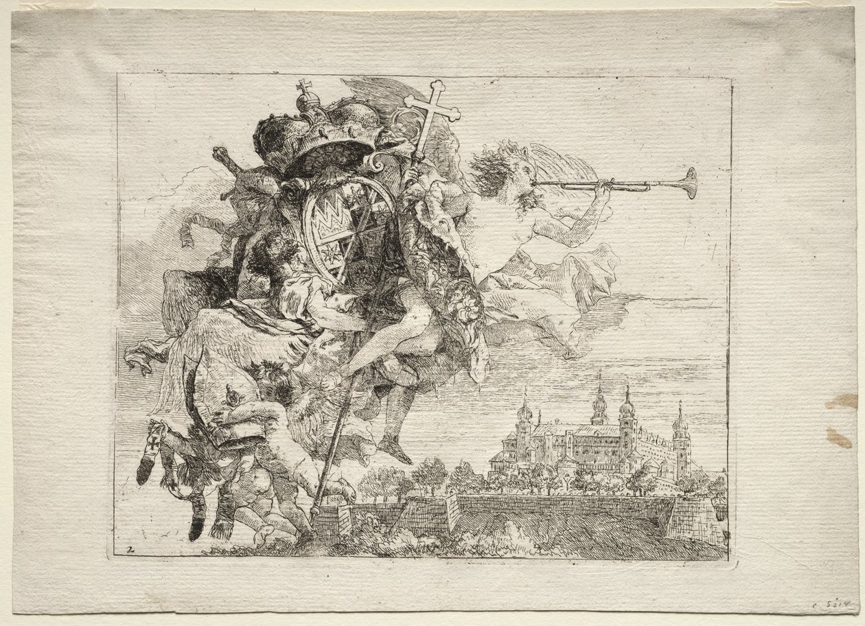 Flyg till Egypten: Dedikation med bevingad berömmelsesfigur som bär prinsbiskopen av Wurzburgs vapen av Giovanni Domenico Tiepolo