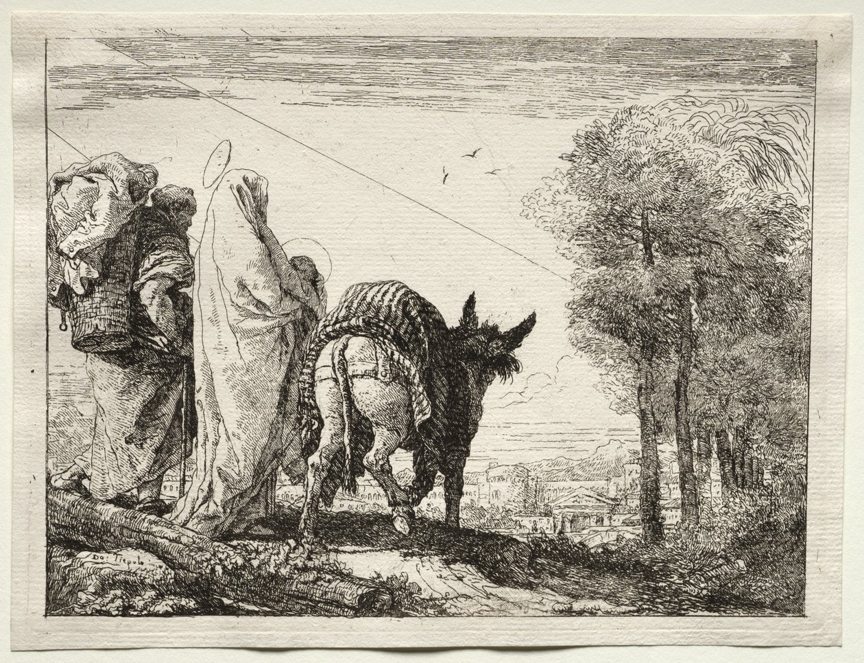 Flyg till Egypten: Den heliga familjen närmar sig en by av Giovanni Domenico Tiepolo