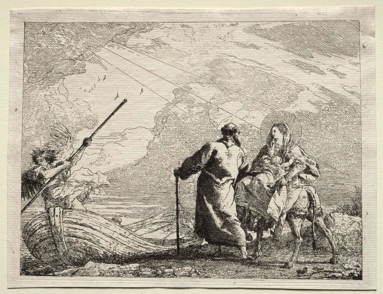 Flyg till Egypten: Den heliga familjen anländer till flodens strand av Giovanni Domenico Tiepolo