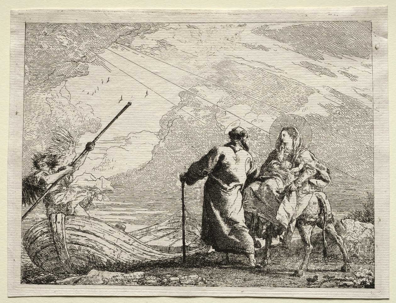 Flyg till Egypten: Den heliga familjen anländer till flodens strand. av Giovanni Domenico Tiepolo