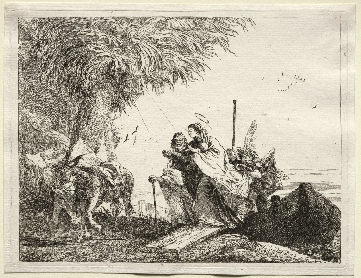 Flyg till Egypten: Den heliga familjen i landstigning av Giovanni Domenico Tiepolo