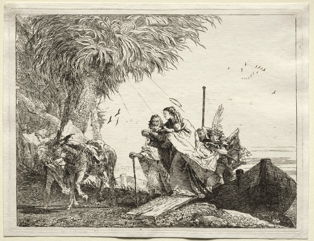 Flyg till Egypten: Den heliga familjen i landstigning. av Giovanni Domenico Tiepolo